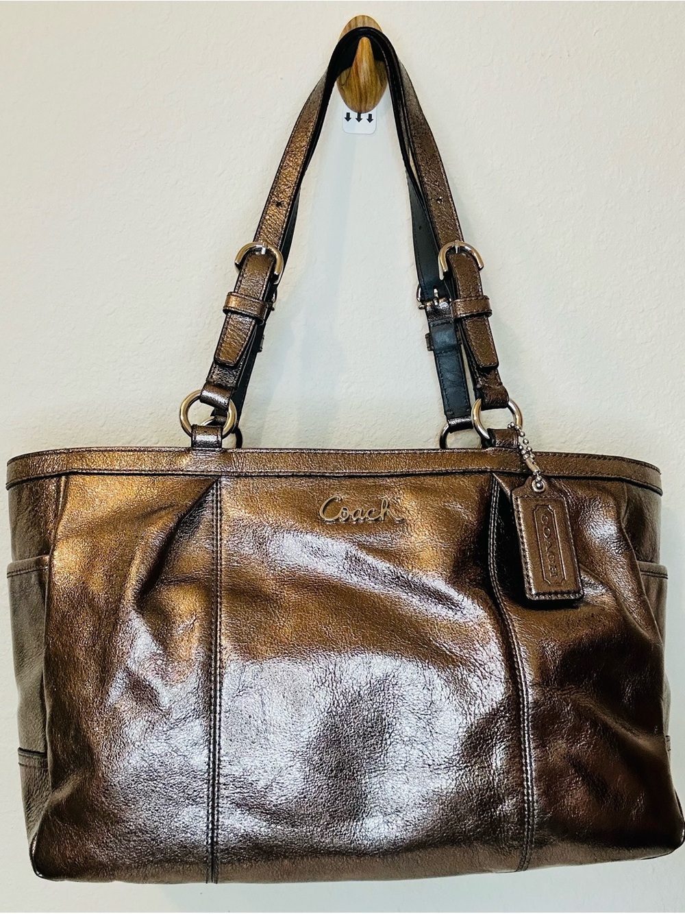 Coach Gallery F17721 Metallic Silver Leather Medium East West Tote Shoulder Bag